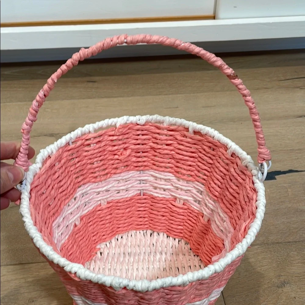 Pink and White Woven Round Decorative Basket with Handle Small Storage
